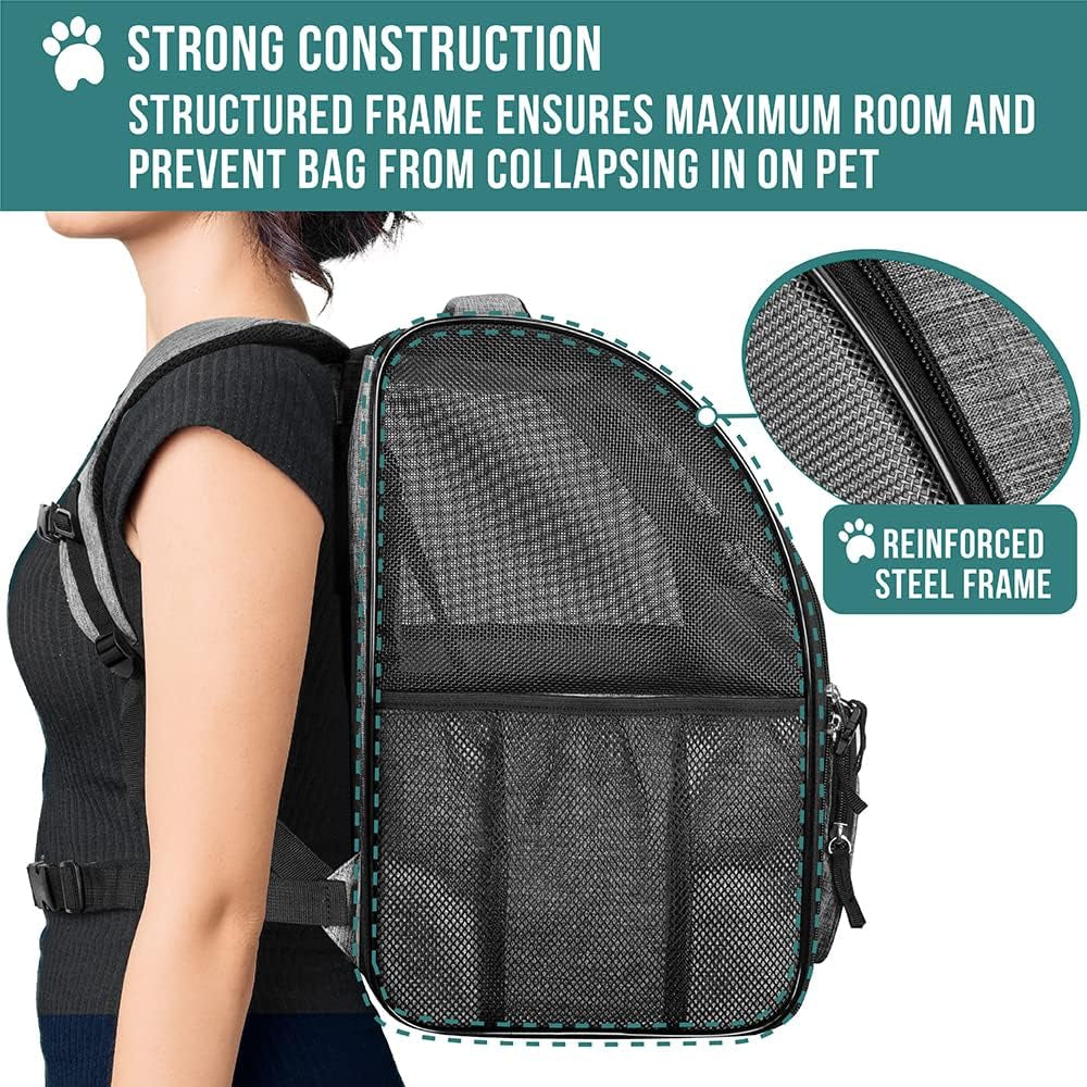 Deluxe Pet Carrier Backpack for Small Cats and Dogs, Puppies | Ventilated Design, Two-Sided Entry, Safety Features and Cushion Back Support | for Travel, Hiking, Outdoor Use