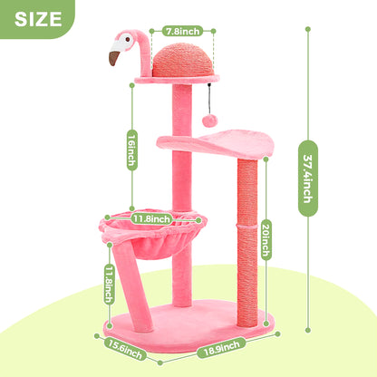 Pink Flamingo Cat Tree Tower, Multi-Level, Scratching Posts, Hammock, Perch, Small to Medium Cats, Toy