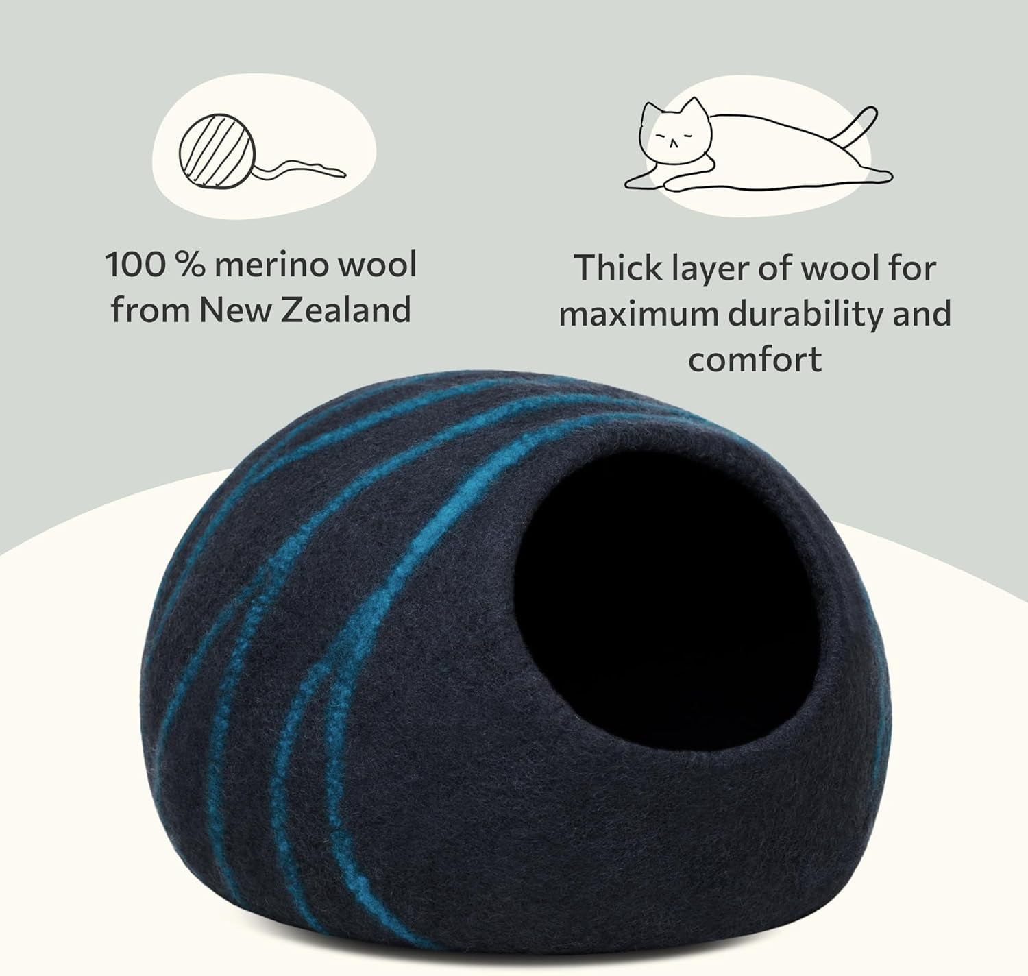 Premium Cat Bed Cave (Large) - Eco Friendly 100% Merino Wool Beds for Cats and Kittens