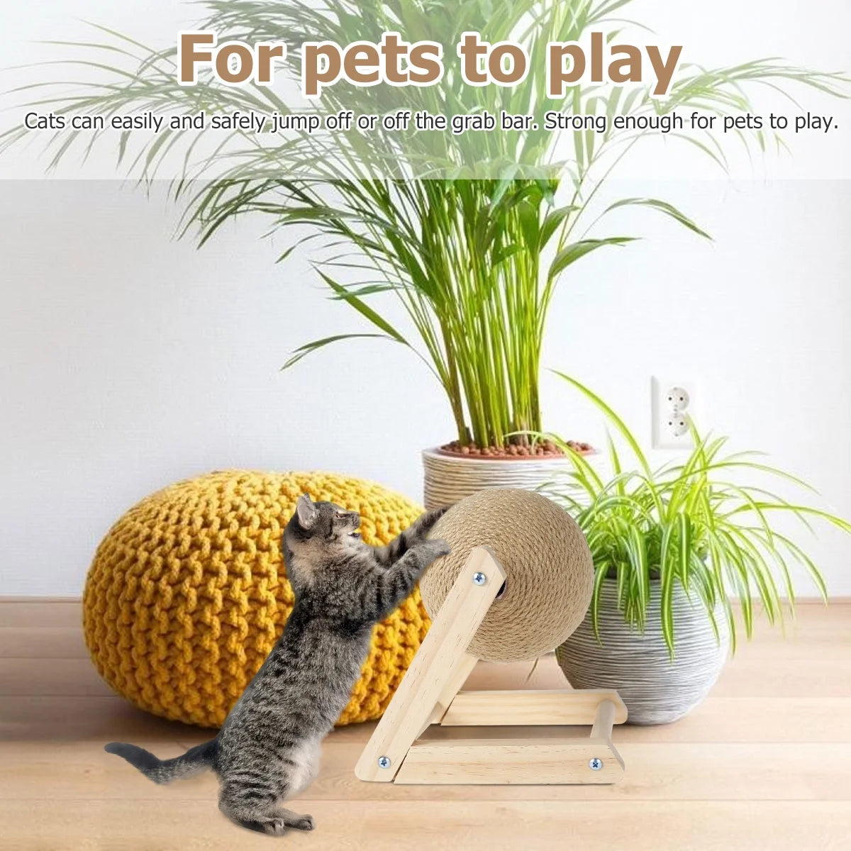 Cat Scratching Ball Natural Sisal Cat Scratcher Toy with Catnip Interactive Solid Wood Scratcher Ball 7X7X6.3 Inch Cat Scratch Post with Rotatable Ball for Indoor Cats and Kitten