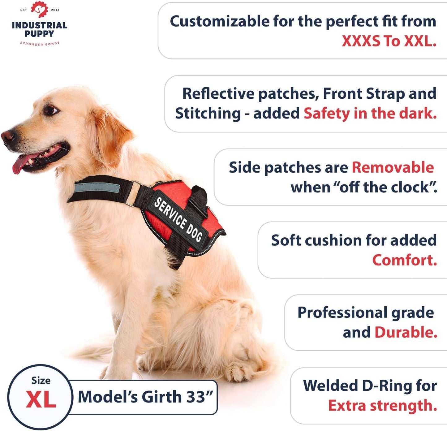 Service Dog Vest with Hook and Loop Straps and Handle - Harness Is Available in 8 Sizes from XXXS to XXL - Service Dog Harness Features Reflective Patch and Comfortable Mesh Design Bright Red