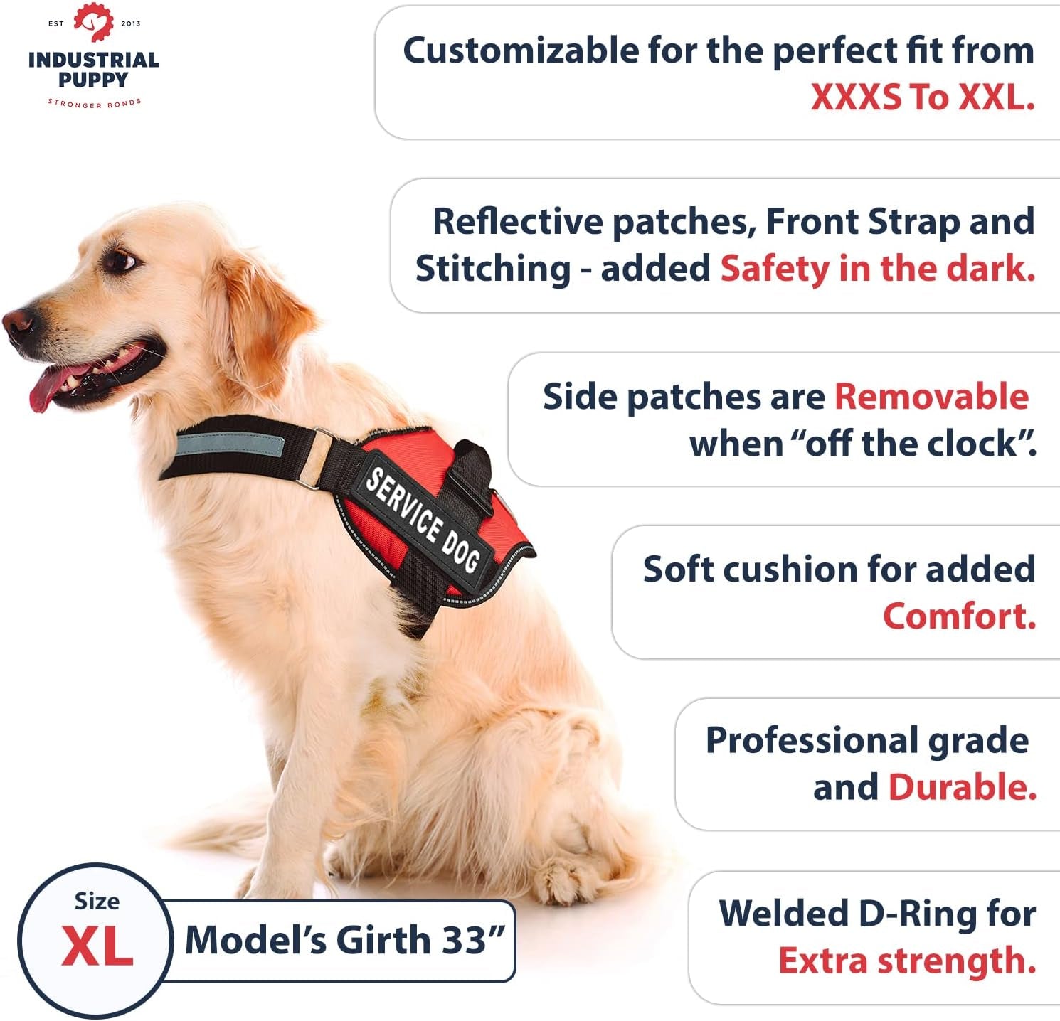 Service Dog Vest with Hook and Loop Straps and Handle - Harness Is Available in 8 Sizes from XXXS to XXL - Service Dog Harness Features Reflective Patch and Comfortable Mesh Design Bright Red