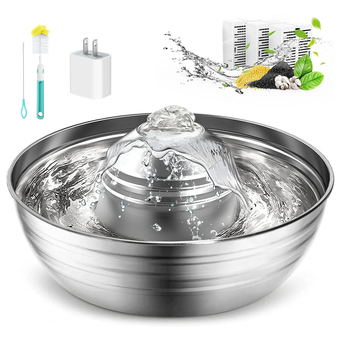 2L/67Oz Cat Water Fountain, 304 Stainless Steel Water Fountain for Cats Inside, Pet Water Fountain with 3 Filters & Quiet Pump, Cat Water Bowl with Automatic Filtration System - Silver