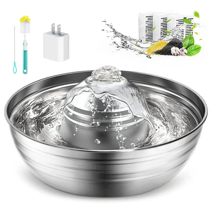 2L/67Oz Cat Water Fountain, 304 Stainless Steel Water Fountain for Cats Inside, Pet Water Fountain with 3 Filters & Quiet Pump, Cat Water Bowl with Automatic Filtration System - Silver