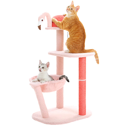 Pink Flamingo Cat Tree Tower, Multi-Level, Scratching Posts, Hammock, Perch, Small to Medium Cats, Toy