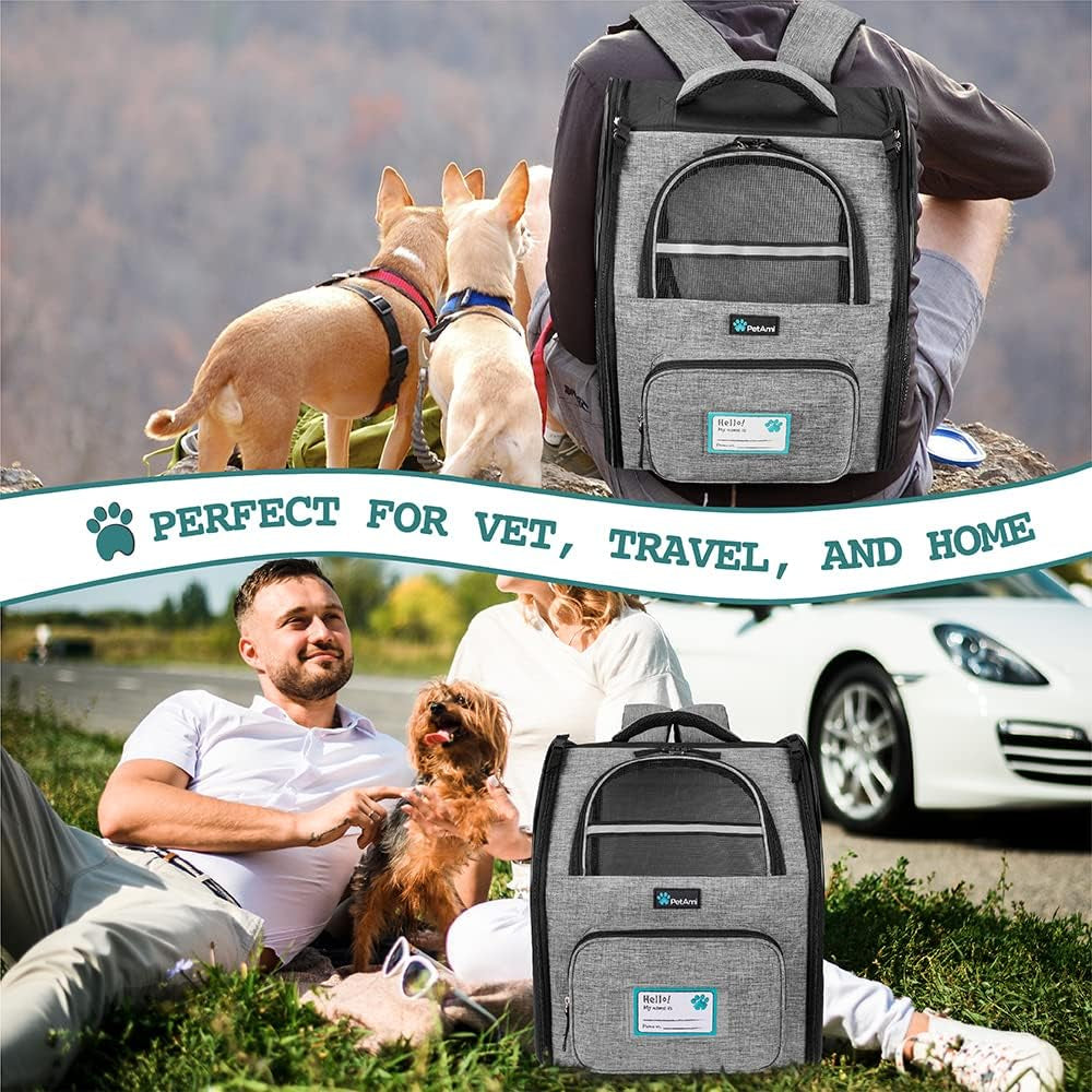 Deluxe Pet Carrier Backpack for Small Cats and Dogs, Puppies | Ventilated Design, Two-Sided Entry, Safety Features and Cushion Back Support | for Travel, Hiking, Outdoor Use