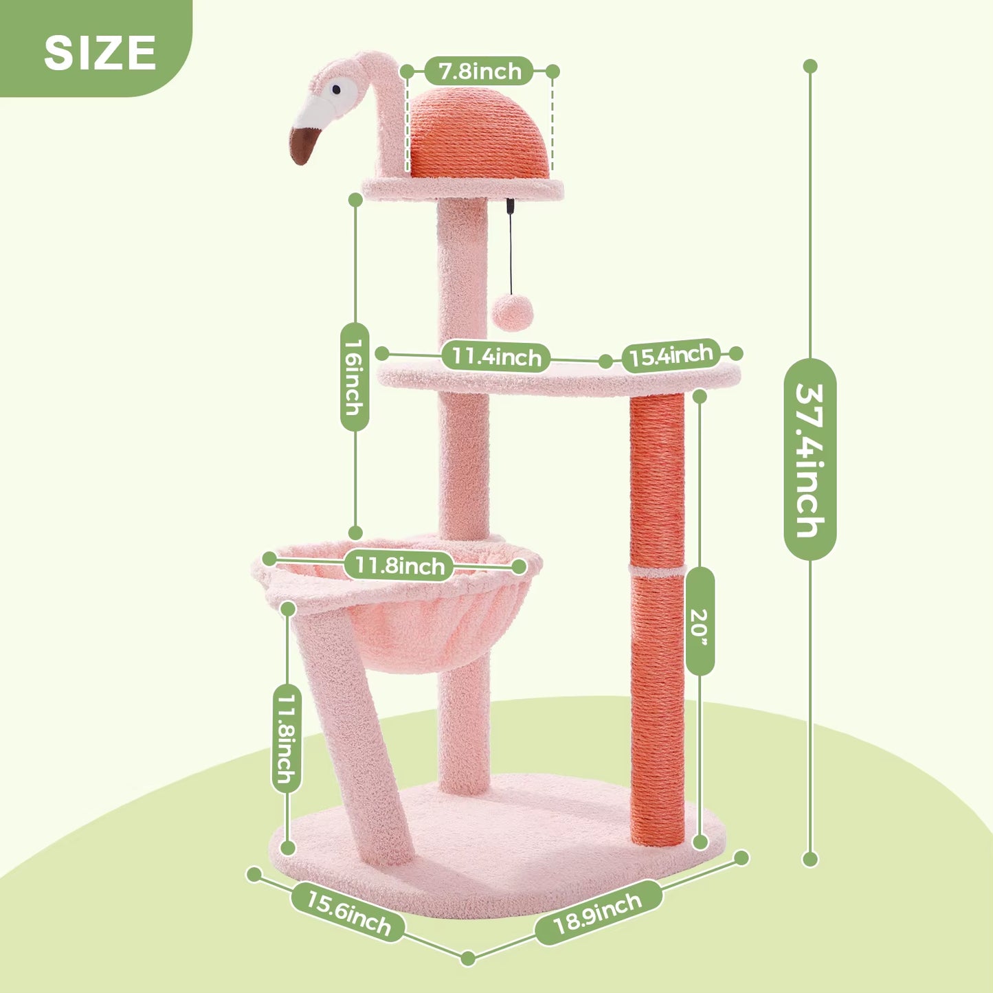 Pink Flamingo Cat Tree Tower, Multi-Level, Scratching Posts, Hammock, Perch, Small to Medium Cats, Toy