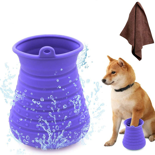 Dog Paw Cleaner Cup with Towel Pet Foot Washer Protable Dogs Cleaning Brush for Puppy Cats Massage Grooming Dirty Claws (Purple)