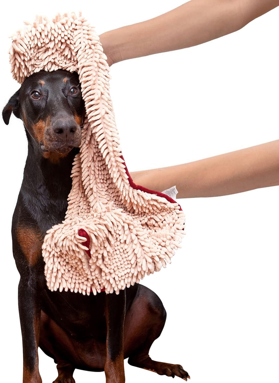 Soggy Doggy Super Shammy Dog Towel, Washable Microfiber Dog Towels for Drying Dogs and Cleaning Paws, Fast-Drying Dog Bath Towel with Hand Pockets, Beige/Red Trim, 31 X 14 Inches