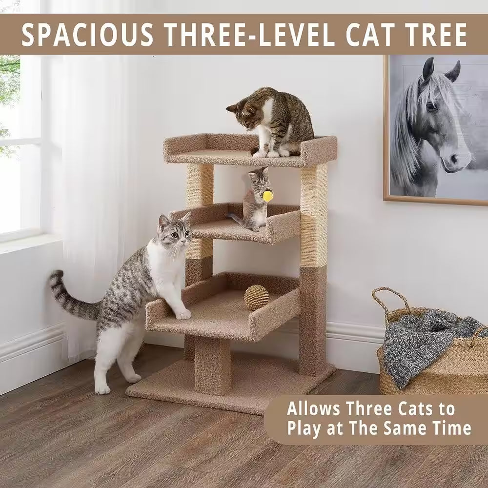 Beige Cat Tree for Large Cats, Cat Activity with Scratching Post, Cat Tower for Large Cats, 3 Level Cat Play Perch