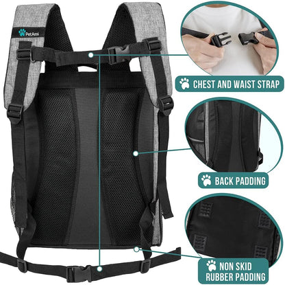 Deluxe Pet Carrier Backpack for Small Cats and Dogs, Puppies | Ventilated Design, Two-Sided Entry, Safety Features and Cushion Back Support | for Travel, Hiking, Outdoor Use