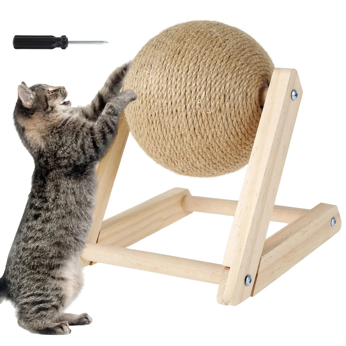 Cat Scratching Ball Natural Sisal Cat Scratcher Toy with Catnip Interactive Solid Wood Scratcher Ball 7X7X6.3 Inch Cat Scratch Post with Rotatable Ball for Indoor Cats and Kitten